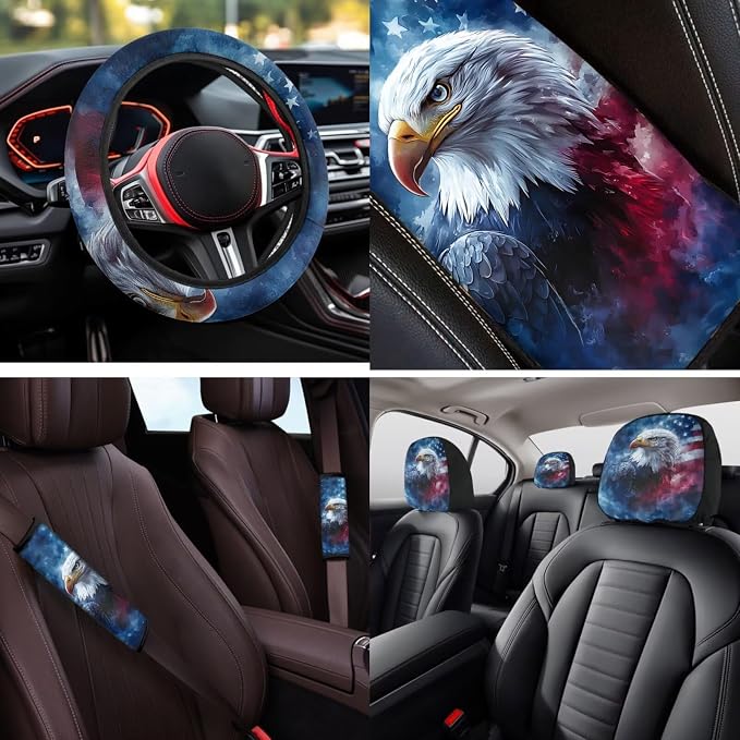 Bulopur Eagle American Flag Car Seat Covers Full Set 14 Pack with Vehicle Steering Wheel Cover Automotive Armrest Cushion Pad Seat Headrest Covers Auto Seat Belt Pads Interior Accessories Set