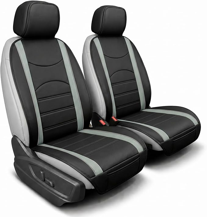 FH Group Car Seat Covers Front Set Gray Black Faux Leather Car Seat Cushions - Car Seat Covers for Low Back Seat, Universal Fit, Automotive Seat Covers, Airbag Compatible for SUV, Sedan