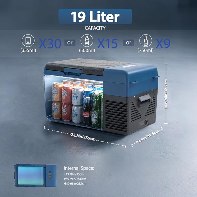 KI19 12 Volt Refrigerator,Portable Freezer,21 Quart(19L) Car Cooler,12V Car Fridge,12/24V DC 100-240V AC for Camping, Travel, Truck, RV, Boat -4℉~68℉