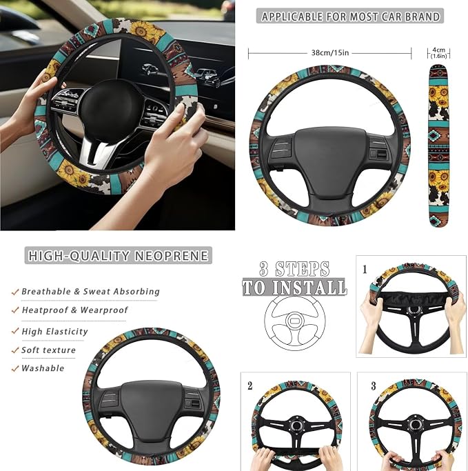 Aztec Sunflower Cowhide Car Seat Covers Set of 15 with Universal Steering Wheel Cover, Rearview Mirror Cover, Car Trash Can, Seatbelt Pads, Cup Holder Coasters, Keychains