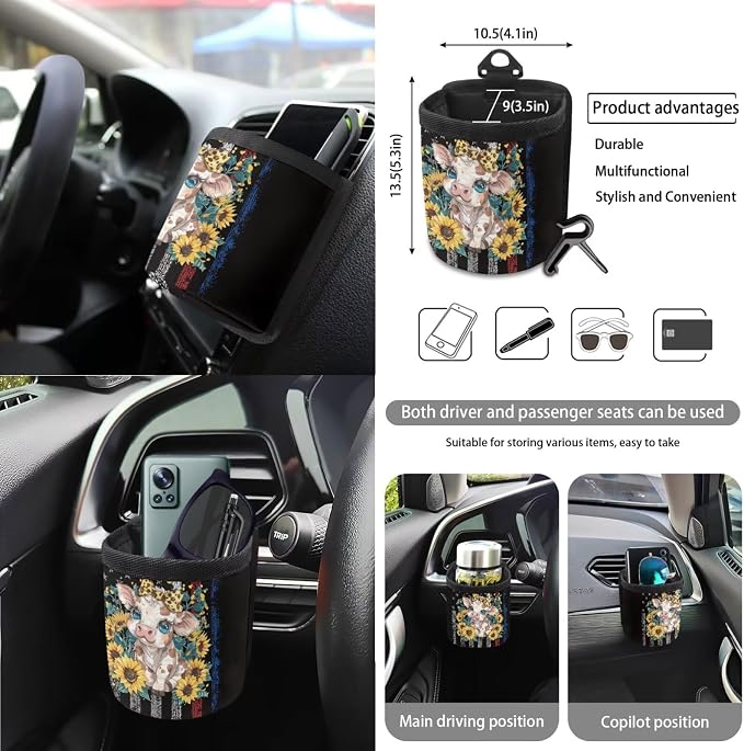Cow Sunflower American Flag Pattern Front and Back Seat Protector, Steering Wheel Cover Seat Belt Pads Trash Can Air Vent Storage Bag Keychain Universal Fit Most Cars Sedans