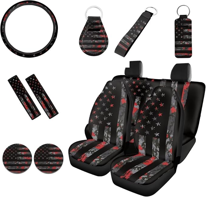 12 Pcs American Flag Car Seat Covers Full Set Car Seat Covers/Steering Wheel Covers/Seat Belt Pads/Key Chain/Coaster/Lipstick Holder Universal Fit Almost Vehicle