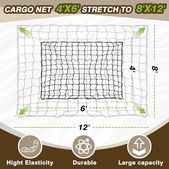 Muslogy Truck Bed Cargo Net Trunk Netting Compatible with Pickup Bed Stretchable 4'x6' to 8'x12' Accessories, Pickup Cargo Organizer SUV Sedan Storage Net w/Heavy Duty Carabiners