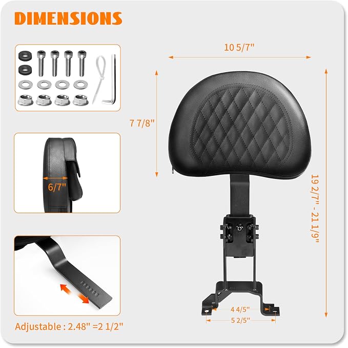 Plug-In Driver Rider Backrest for Indian Adjustable Motorcycle Front Back Rest Pad Mounting Kit Fit Chief Chieftain Roadmaster Springfield 2014-2025 (Not for Indian Chieftain PowerPlus)