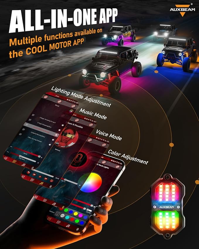 Auxbeam 4 Pods RGB LED Rock Lights, Bluetooth& Remote Control Multi Color-Changing Wheel Well Lights w/Brake Mode, Music & Voice Sync Underglow for Trucks UTV Car Boat Waterproof, 2-Year Warranty