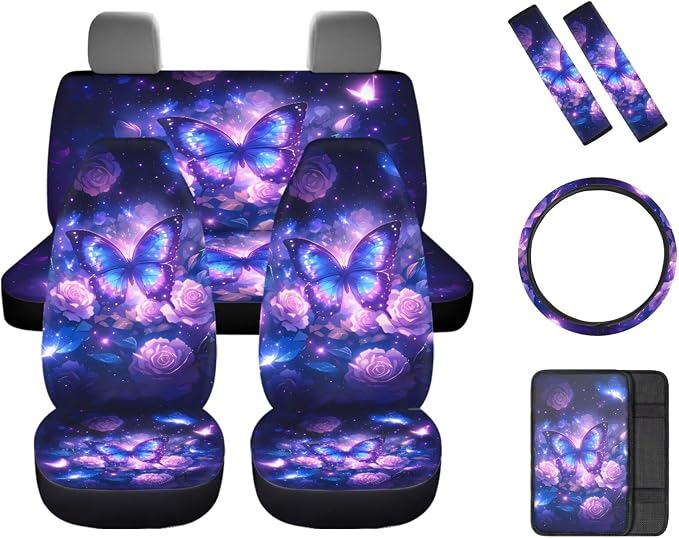 8 Pcs Purple Butterfly Rose Design Car Interior Accessories for Women, Car Seat Covers with Auto Steering Wheel Cover, Auto Center Console Pad, Seat Belt Covers, Automotive Decorations