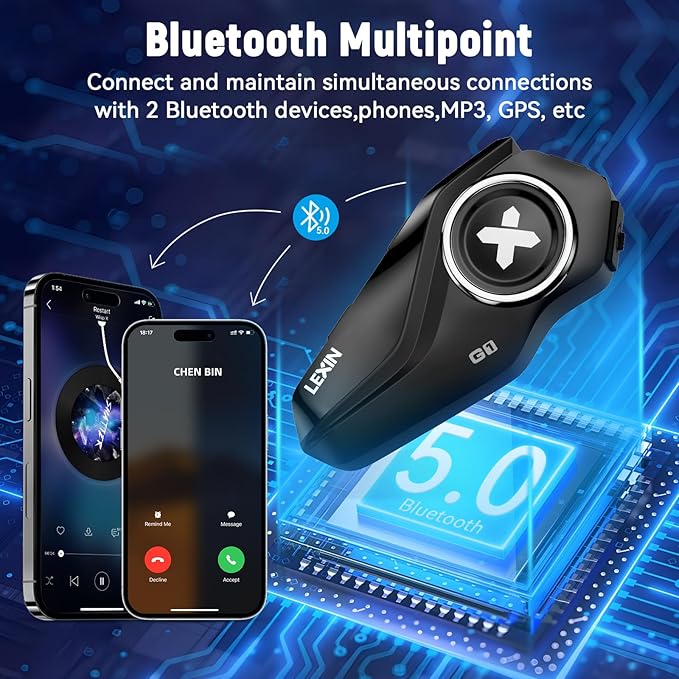 LEXIN G1 Motorcycle Bluetooth Headset, Helmet Speakers with 2 Type Mics, Hands-Free Call/Music/GPS, IP67 Waterproof Motorcycle Headphones with HD Stereo Loud Sound, 4 Color Faceplates, Single Use