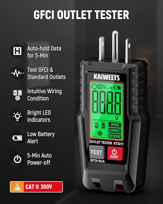 KAIWEETS GFCI Outlet Tester with LCD Display, 3-Prong Receptacle Wiring Detector, Voltage Socket Checker, Auto Hold, Electrical Diagnostic Tool for 120V AC Home Outlets