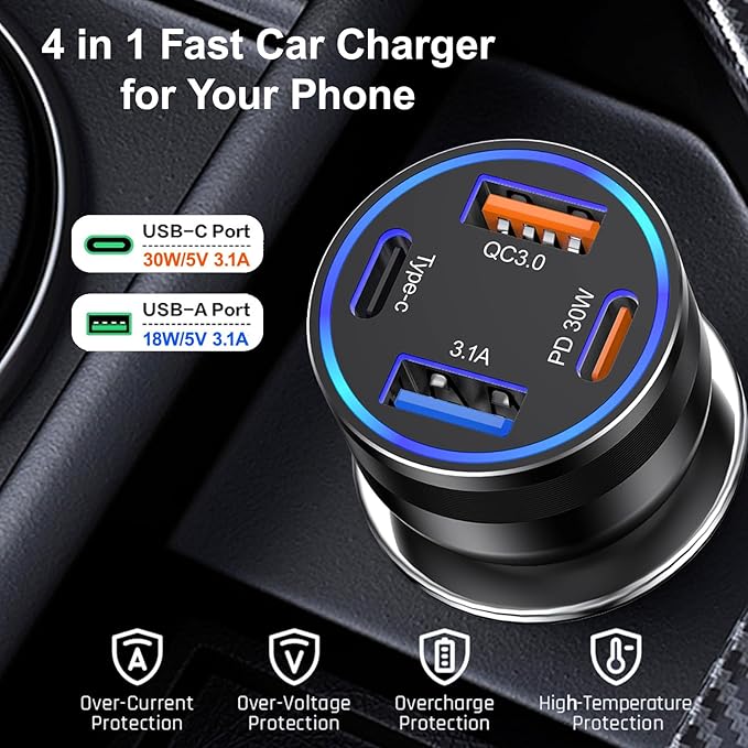 Car Charger USB C Fast Charging, 65W 4-Port Fast Car Phone Charger Accessories Dual USB-C & USB-A Cargador Carro Cigarette Lighter Adapter for iPhone 17 16 15 14 13 Pro Max,iPad,Samsung,Tablet,Android