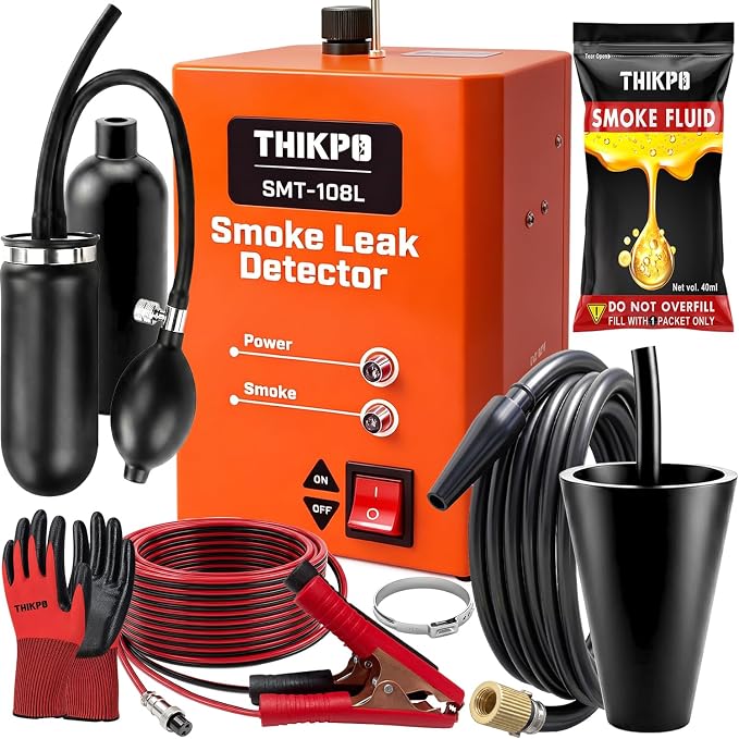 Automotive Smoke Machine, 40ML OEM Approved Smoke Fluid,Quickly get Smoke EVAP Vacuum Leak Tester, Built-in Air Compressor, 12V DC Smoke Leak Detector.