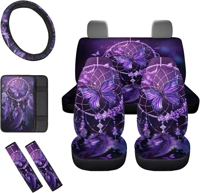 Purple Dream Catcher Butterfly Car Seat Covers Full Set 8 Pcs Car Accessories for Women Front Seat Cover Steering Wheel Armrest Cover Seat Belt Cover for Auto SUV Interior Decoration