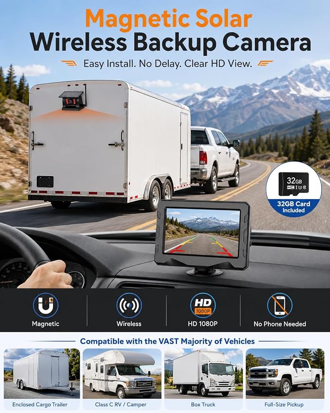 Magnetic Solar Wireless Backup Camera : 4.3" Portable Truck Cameras | Easy Install Scratch-Proof No Delay Backup Camera for Truck Rechargeable HD 1080P for Trailer Small RV Camper