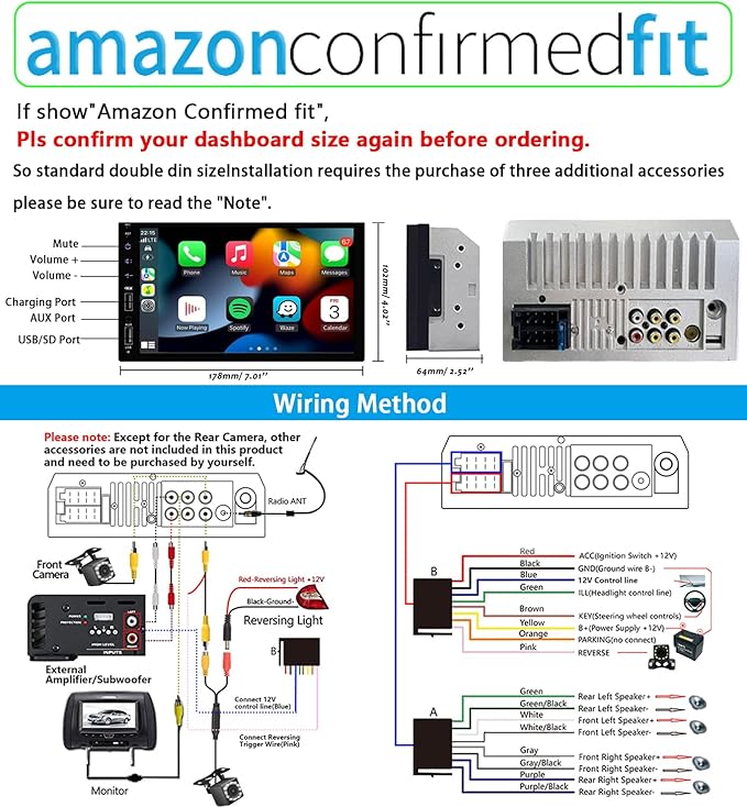 Leadfan Double Din Car Stereo Radio Support Apple Carplay&Android Auto, 7inch HD Touchscreen Double Din Radio with Bluetooth, Car Audio Receivers, Camera, MirrorLink, FM Radio, 2 USB/TF/AUX/Subwoofer