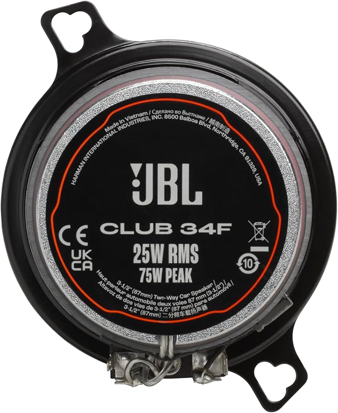 JBL Club 34F - 3-1/2" (87mm) Two-Way Car Speaker, 75 Watts Peak, 25 Watts RMS, Sensitivity (@ 2.83V): 89dB, Frequency Response: 90Hz – 20kHz, Nominal Impedance: 3.0 ohms