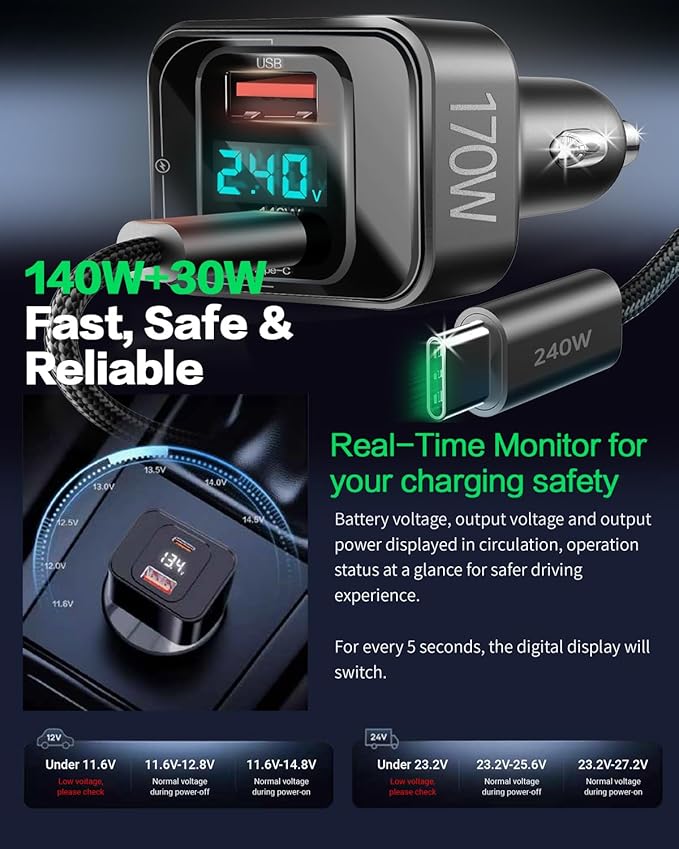 170W USB C Car Charger, PD3.1 140W+30W Fast Charging Adapter with 240W Cable, Multi-Port USB-C Car Charger Compatible with Laptop MacBook iPhone 17/16/15 Pro Max Samsung S24 Ultra iPad (Black)