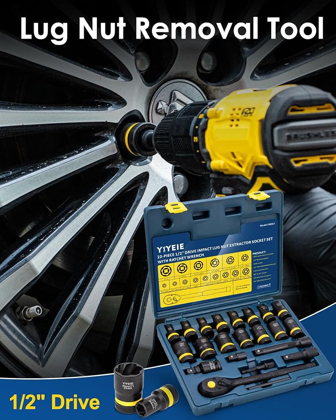 YIYEIE 22-Piece Bolt Nut Extractor Socket Set, 1/2" Drive Wheel Lock Removal Kit with Ratchet Wrench, Locking Lug Nut Removal Tool for Stripped, Rounded, Damaged Bolts (8mm-27mm | 5/16" to 1")