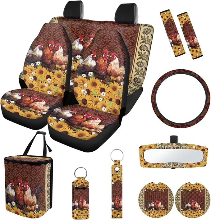 Suobstales Rooster Chicken Sunflower Print 13 Pieces Car Accessories, Includes Seat Covers, Steering Wheel Cover, Coasters, Trash Can, Seat Belt Pads, Rearview Mirror Cover, Keychains for SUV Truck