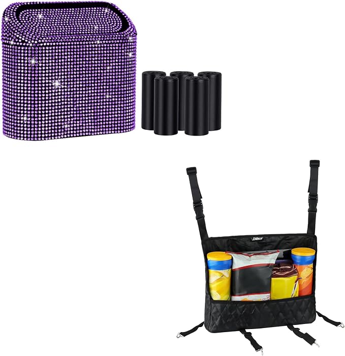 eing Car Trash Can with Lid, Mini Vehicle Garbage Organizer Purple & Car Organizers and Storage Purse Holder Black