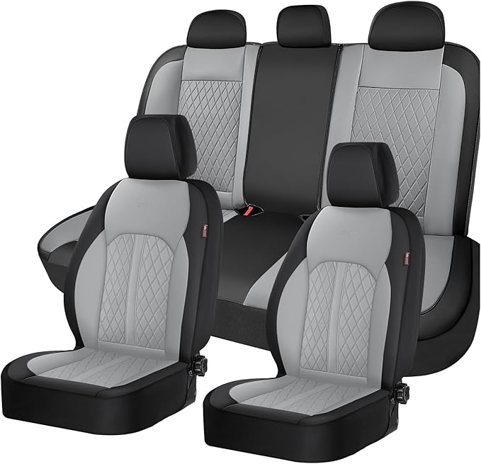 Coverado Universal Leather Seat Covers Full Set for 5 Seats – Waterproof, Durable All-Weather Protector for SUV, Pickup Truck, Sedan （Black&Gray）