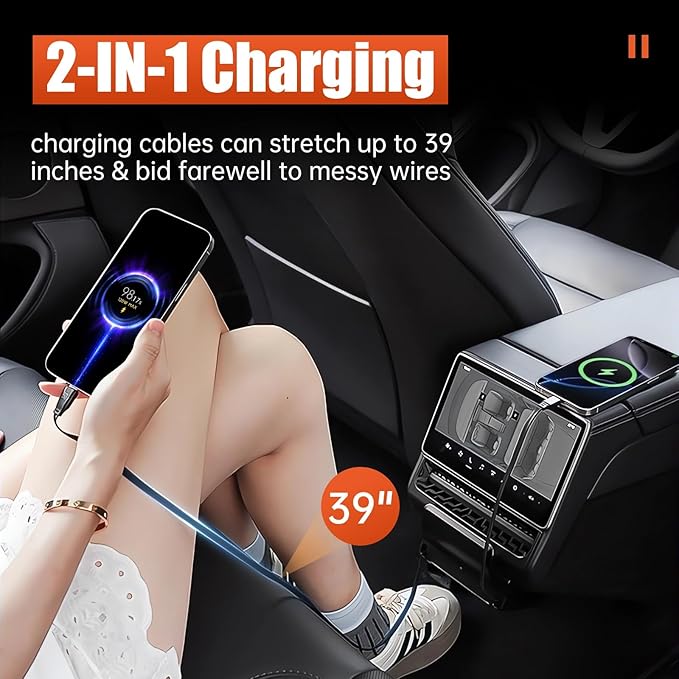 USB Hub for Tesla Model Y Juniper 2025 2026 Model 3 Highland 2024 2025, 120W Dual Type-C Rear Vent Air Outlet Expansion Cover Fast Charger Center Console Docking Station with Retractable Cable