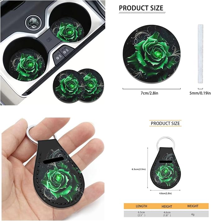 Ystardream Green Rose Car Seat Covers Full Set Washable for Car for Women Accessories with Steering Wheel Cover+Seat Belt Cover/Coasters+ Keychain,Universal Full Set 11-pcs