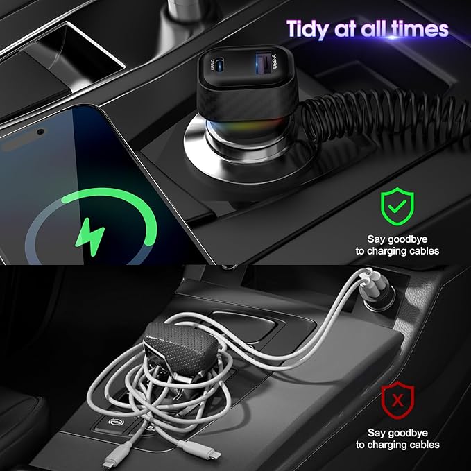 Car Charger 60W Super Fast Charging, QC3.0 USB C Car Phone Charger with 3.2ft PD 30W Type C Cable, 3 in 1 Car Adapter for iPhone 16/15/14/13Pro Max Plus Samsung Galaxy Google Pixel/Android Black