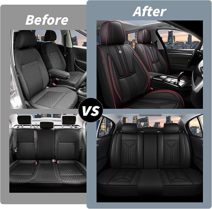 Arazi Fit for 98% of Mazda Seat Covers, 360° Full Wrap Original Seat Cover, Waterproof Nappa Leather Seat Covers with Big Space Storage Pocket Seat Protector（5 Seats Standard, Black&Red Line）