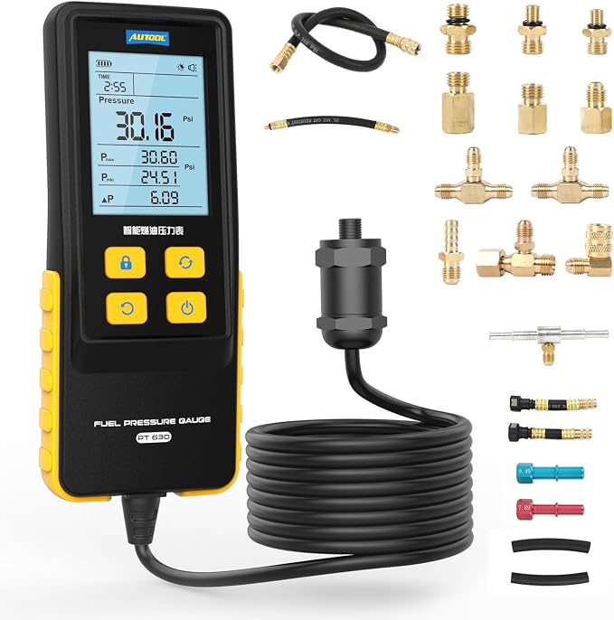 AUTOOL Fuel Pressure Gauge Digital Fuel Pressure Tester Kit 0-426PSI 0~29bar for Petrol Engine Fuel Pressure Test, Automotive Fuel Pressure Tester with Hoses Adapters PT630
