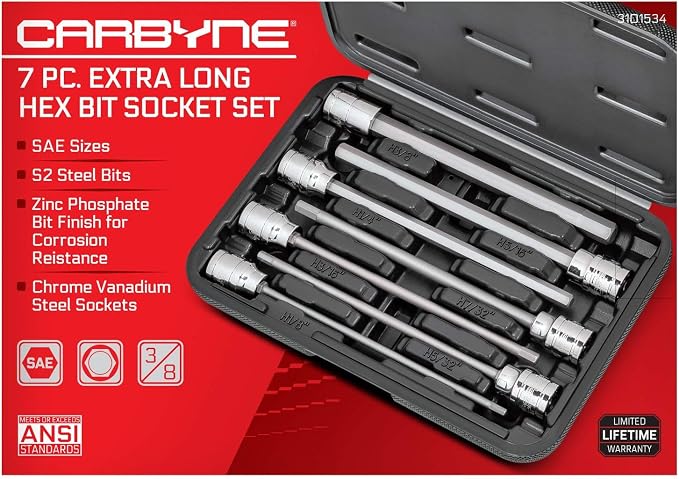 CARBYNE 7-Piece SAE Extra Long Hex (Allen) Bit Socket Set, 1/8 in. to 3/8 in., 3/8 in. Drive, S2 Steel Bits, CrV Sockets, 6.1 in. Overall Length for Deep-Reach Access, Durable Storage Case