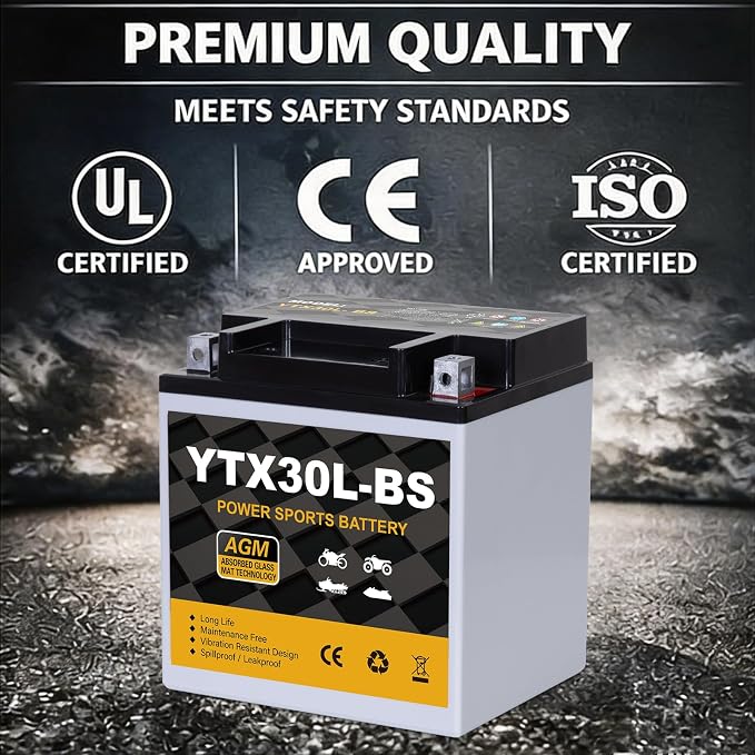 YTX30L-BS Motorcycle Battery 12V 30Ah 400CCA, Maintenance Free Sealed AGM Powersport Battery, Replacement for ATV UTV Harley, YTX30L-BS / ETX30LA / YIX30L