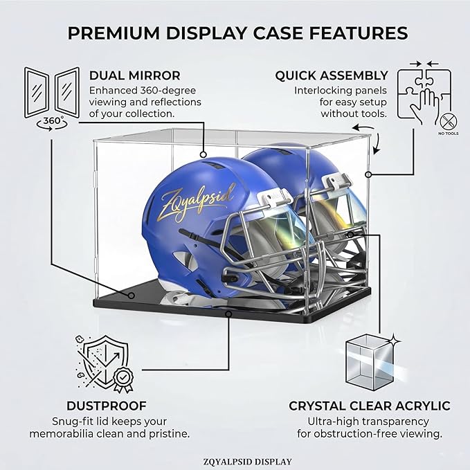 Football Helmet Display Case, Clear Acrylic Display Box for Full Size Football & Baseball Helmets, Mirrored Back & Bottom, Black Base, Dust-Resistant Showcase, 14.9" x 11.8" x 11.8"