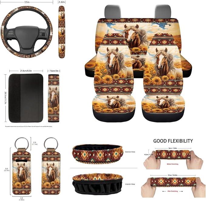 Horse Automotive Seat Covers Decor Accessory 14pcs Southwestern Tribal Aztec Horse Vehicle Seats Cushion for Front Rear Bench,with Absorbent Coaster,Auto Rear View Mirror Cover,Keychain
