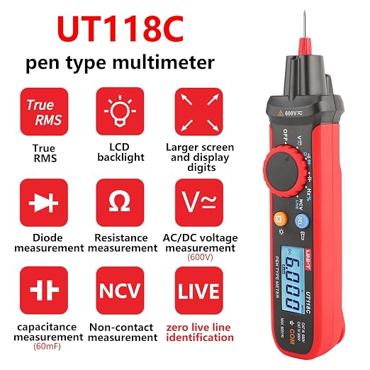 UNI-T Mini Pen Multimeter, AC DC 600V Pen-Type Meter True RMS Small Multimeter Professional Non-Contact Voltage Resistance Capacitance Tester 6000 Counts, UT118C