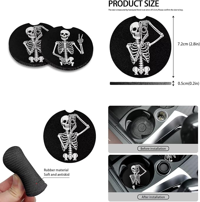 Howilath Funny Skull Car Seat Cover with Interior Accessories Center Console Cover+Steering Wheel Cover+Seatbelt Pads+Keychain+Coasters Set of 10