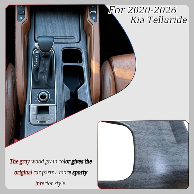 Center Console Frame Cover,for Kia Telluride 2020 2021 2022 2023 2024 2025 2026, Gear Shift Panel,Cup Holder Trim - Gray Wood Grain Protective Accessories