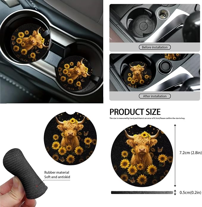Wanyint Car Seat Cover Set 15 PCS, with Steering Wheel Seat Belt Strap Rear View Mirror Cover Trash Can Cup Coaster Keychain Air Vent Storage Bag Universal Fit, Sunflower Highland Cow Black