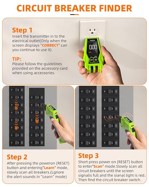 Circuit Breaker Finder with Outlet Tester, Quick GFCI, Voltage, AC 90-135V Electrical Circuit Tracer with Dual LCD Display, Batteries and Carrying Case