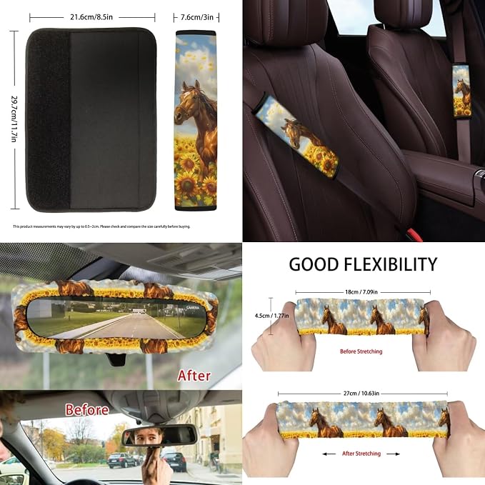 Suobstales Horse Sunflower Print 13 Pack Car Seat Covers Set Seat Cover Protector with Steering Wheel Cover + Seat Belt Covers + Car Trash Can + Rearview Mirror Cover + Coasters + Keychains