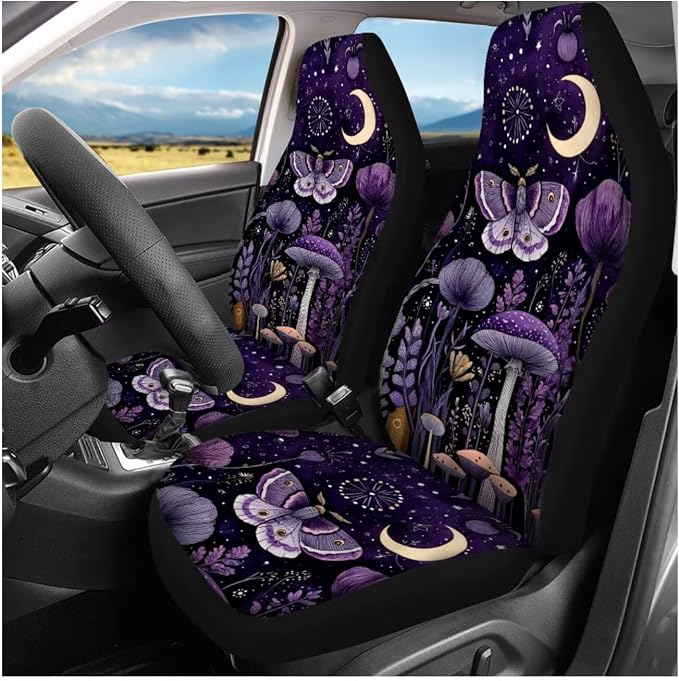 Ystardream Purple Moth Mushroom Car Seat Covers Full Set for Women Girly Car Seat Covers with Matching Steering Wheel Cover Machine Wash Automatic Interior Set,Easy to Install