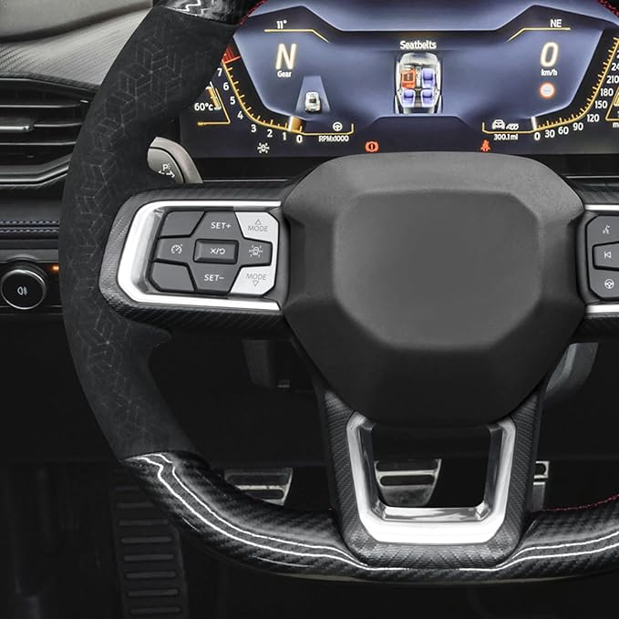 MEWANT Hand Stitch Black Shiny PU Carbon Fiber Cube Embossed Athsuede Steering Wheel Cover Wrap for Ford Mustang 2024