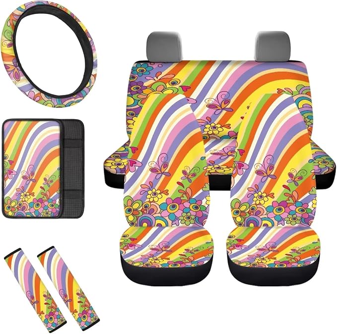 Mumeson 8 Pack Hippie Flower Butterfly Car Seat Covers Full Set with Seat Belt Pads Shoulder Cushion + Steering Wheel Cover + Armrest Cushion for Car Universal Size Car Accessories for Womens