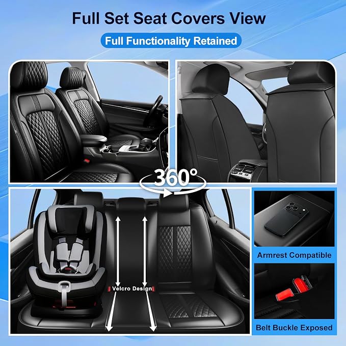 Fit XT5 Car Seat Covers (Front Pair) for Select Cadillac XT5 2017-2026 - Premium Full Coverage Leather, Airbag Compatible & Scratch-Resistant, Waterproof & All Weather Seat Protector, Black