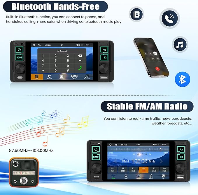 Single Din Touchscreen Car Stereo with Wireless Carplay&Android Auto,5.1 Inch Car Radio MP5 Player with Bluetooth FM Radio EQ Car Audio with USB/Type-C SWC+Backup Camera