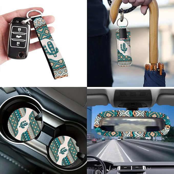 Aztec Cactus Car Seat Covers Set of 12 Car Seat Belt Pad Cover Steering Wheel Cover Car Trash Can Rear View Mirror Cover Car Cup Coasters Keychains Keychain Holder