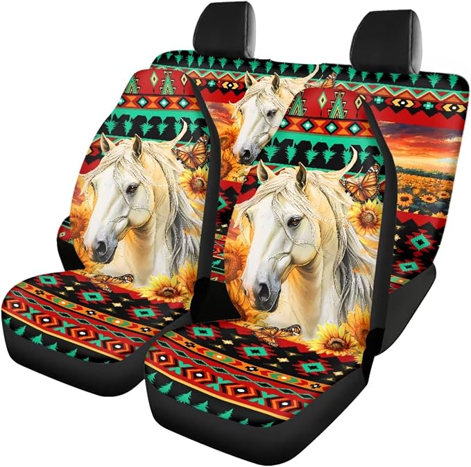 Aztec Horse Print Car Seat Covers Full Set with Steering Wheel Cover Floor Mats Armrest Pad Seat Belt Pads Roof Handle Wraps Cup Coaster Keychain Auto Interior Accessories Set of 18