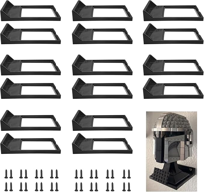 16 Pcs Black Wall Mount Display Stand Fits Lego Helmet, Wall Mount Display Shelf, Compatible with All Standard Lego Helmets, Boba Fett 75277/Tie Fighter Pilot 75274/Stormtrooper 75276
