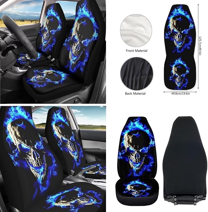 10 Pcs Blue Flame Skull Car Seat Covers Set, Seat Covers for Cars Steering Wheel Cover Auto Center Console Pad Shoulder Pads Cup Coasters Keychain Wrist Strap for Cars Trucks and SUVs