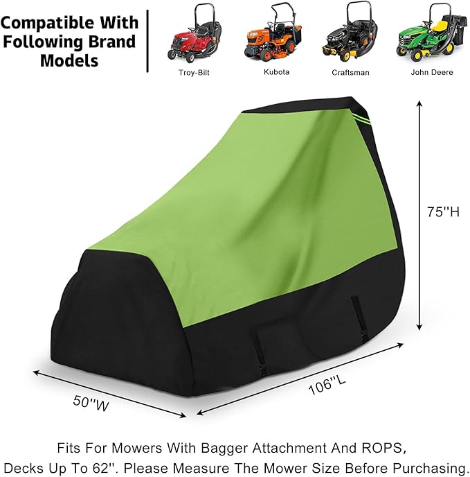 Riding Lawn Mower Cover with Bagger Attachment and ROPS, Universal Fit Decks up to 62", 600D Oxford Cloth Riding Mower Cover with Windproof Buckle for Snow Rain Dust Hail Protection
