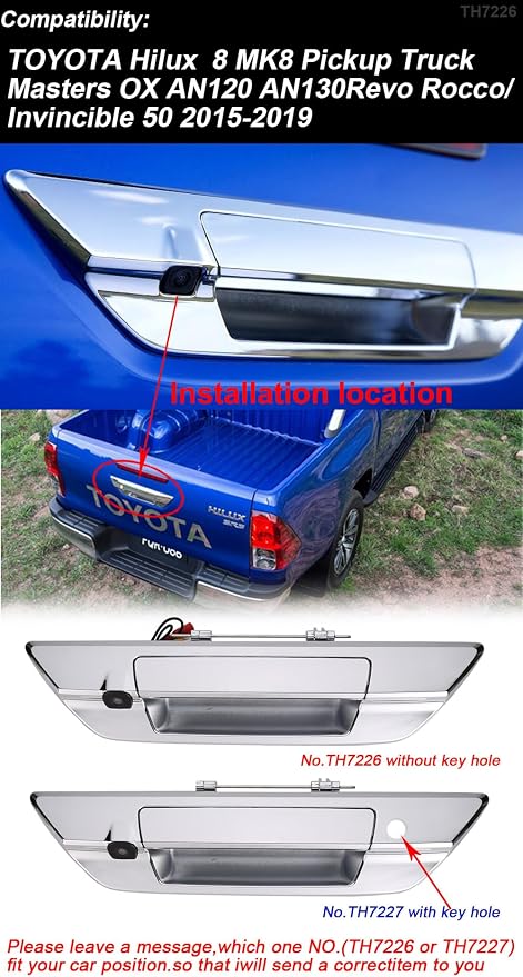Car Rear View Trunk Handle Camera Parking Reverse Back up Camera HD Night Vision Waterproof Replacement for Toyota Hilux 8 MK8 Pickup Truck Masters OX AN120 AN130 Revo Recco/Invincible 50 2015-2019