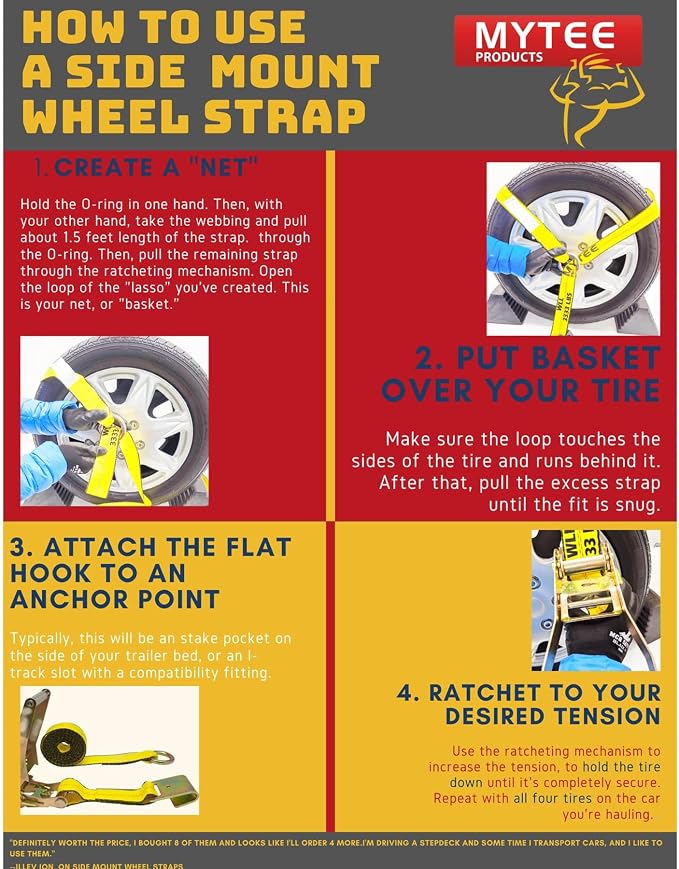 Mytee Products (4 Pack) 2" x12' Car Tie Down Ratchet Lasso Straps with Chain Anchor - 3, 333 LBS WLL - Car Hauler Tire Straps for Trailers - Tie Down for UTV, Trucks, ATV